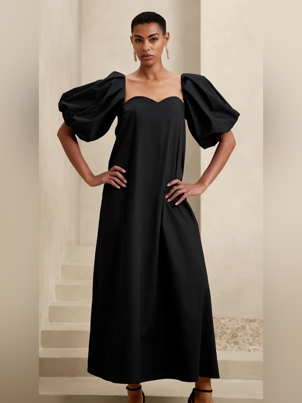 Banana Republic Black One-Shoulder Puff Sleeve Midi Dress